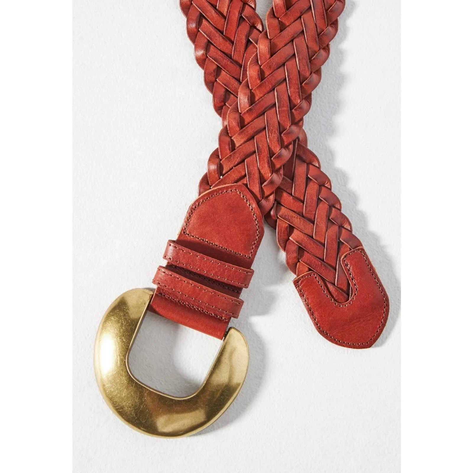 Anthropologie Cognac Woven Waist Leather Belt Size Medium New