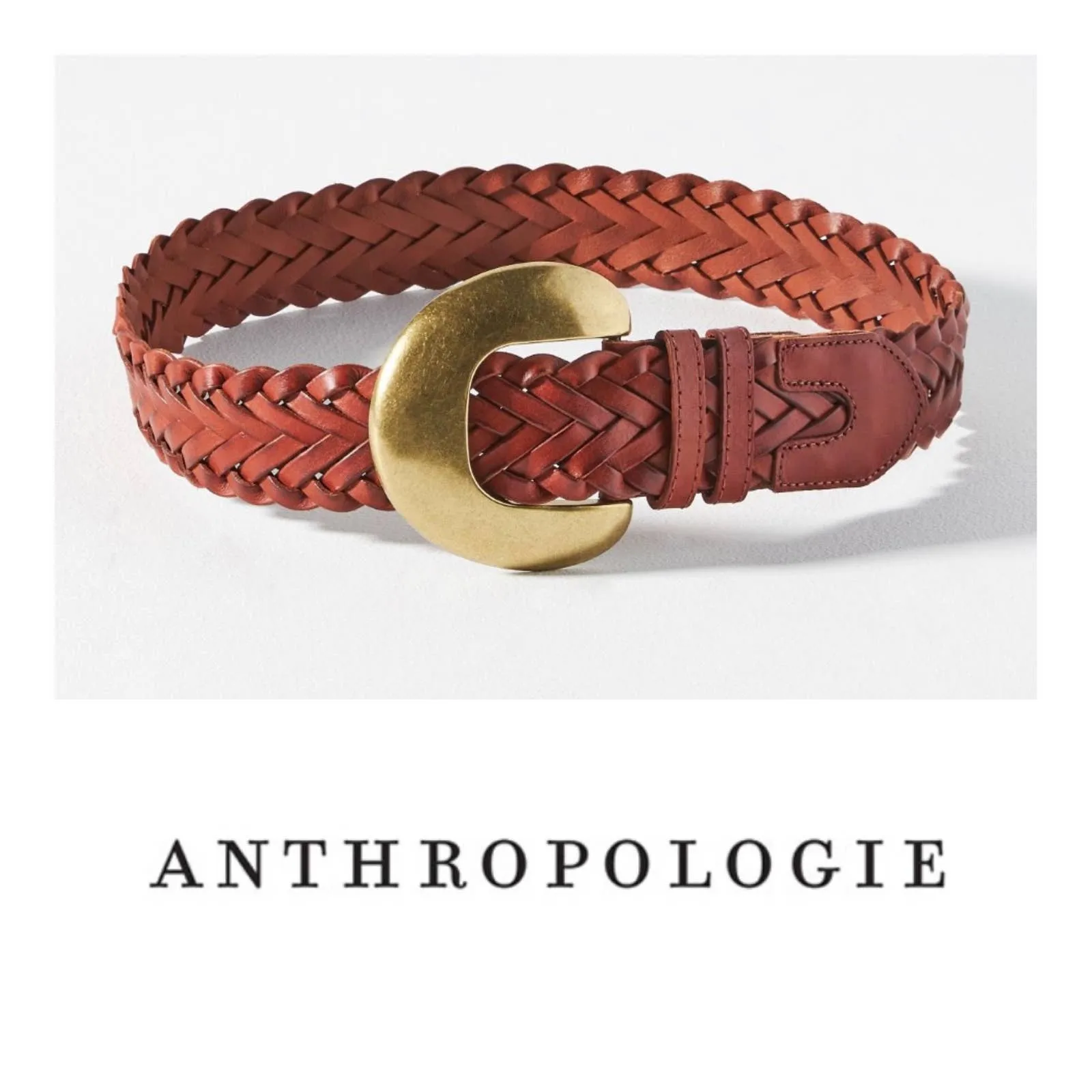 Anthropologie Cognac Woven Waist Leather Belt Size Small New