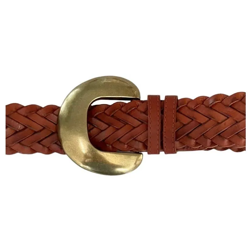 Anthropologie Cognac Woven Waist Leather Belt Size Small New