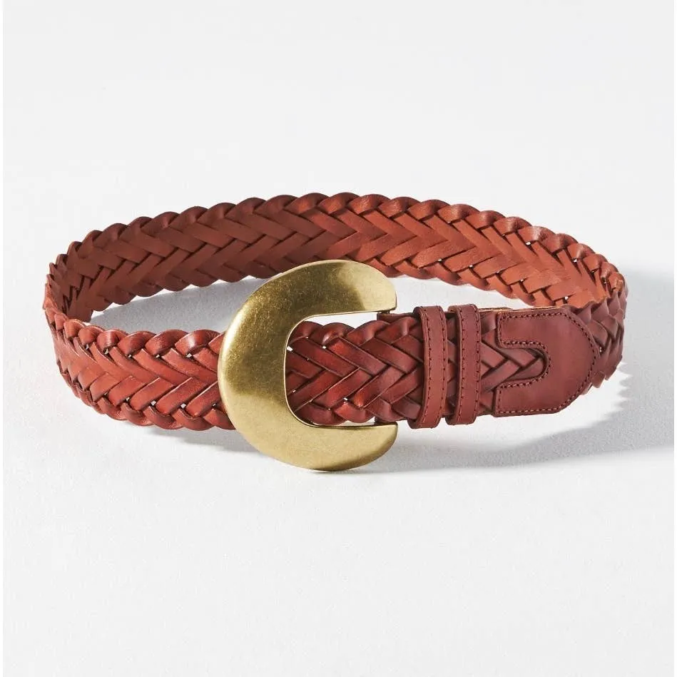 Anthropologie Cognac Woven Waist Leather Belt Size Small New