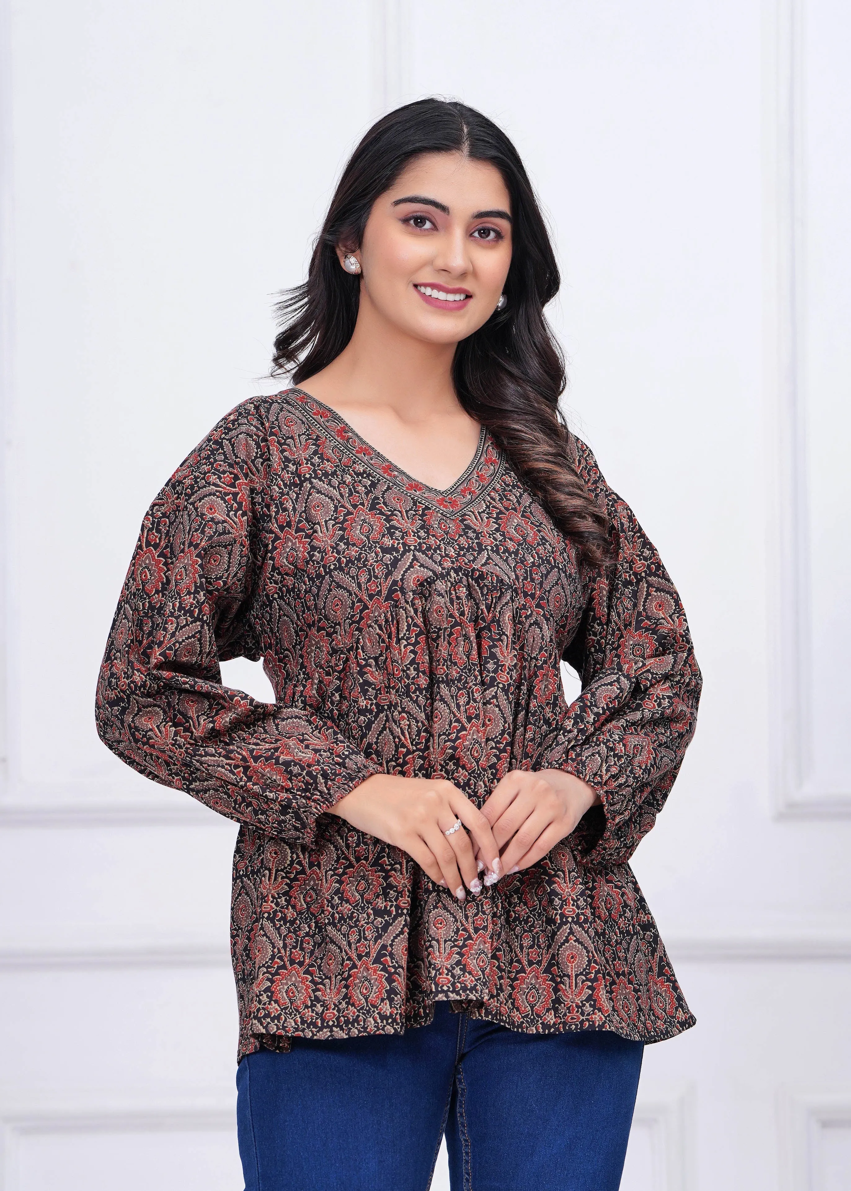 Black Ethnic Printed Peplum TunicFor Women
