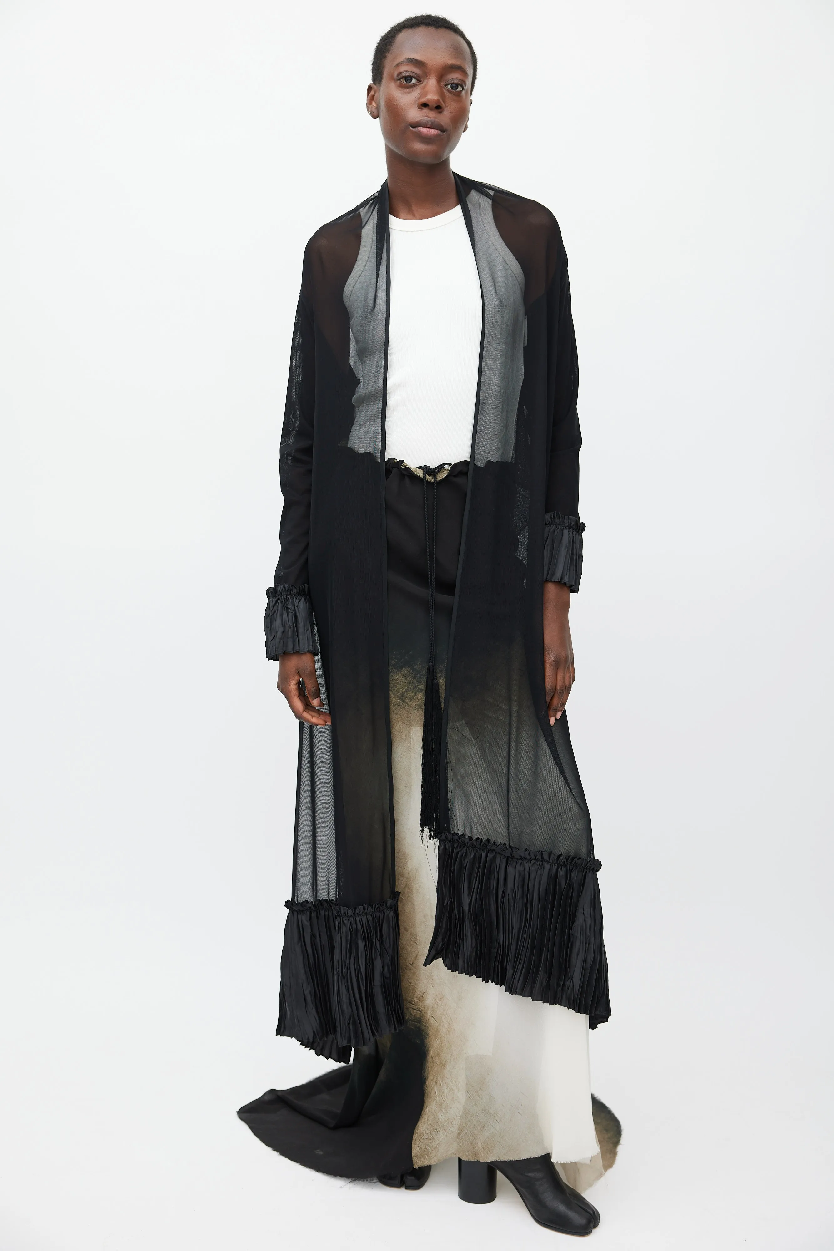 Black Sheer Mesh Pleated Long Cardigan