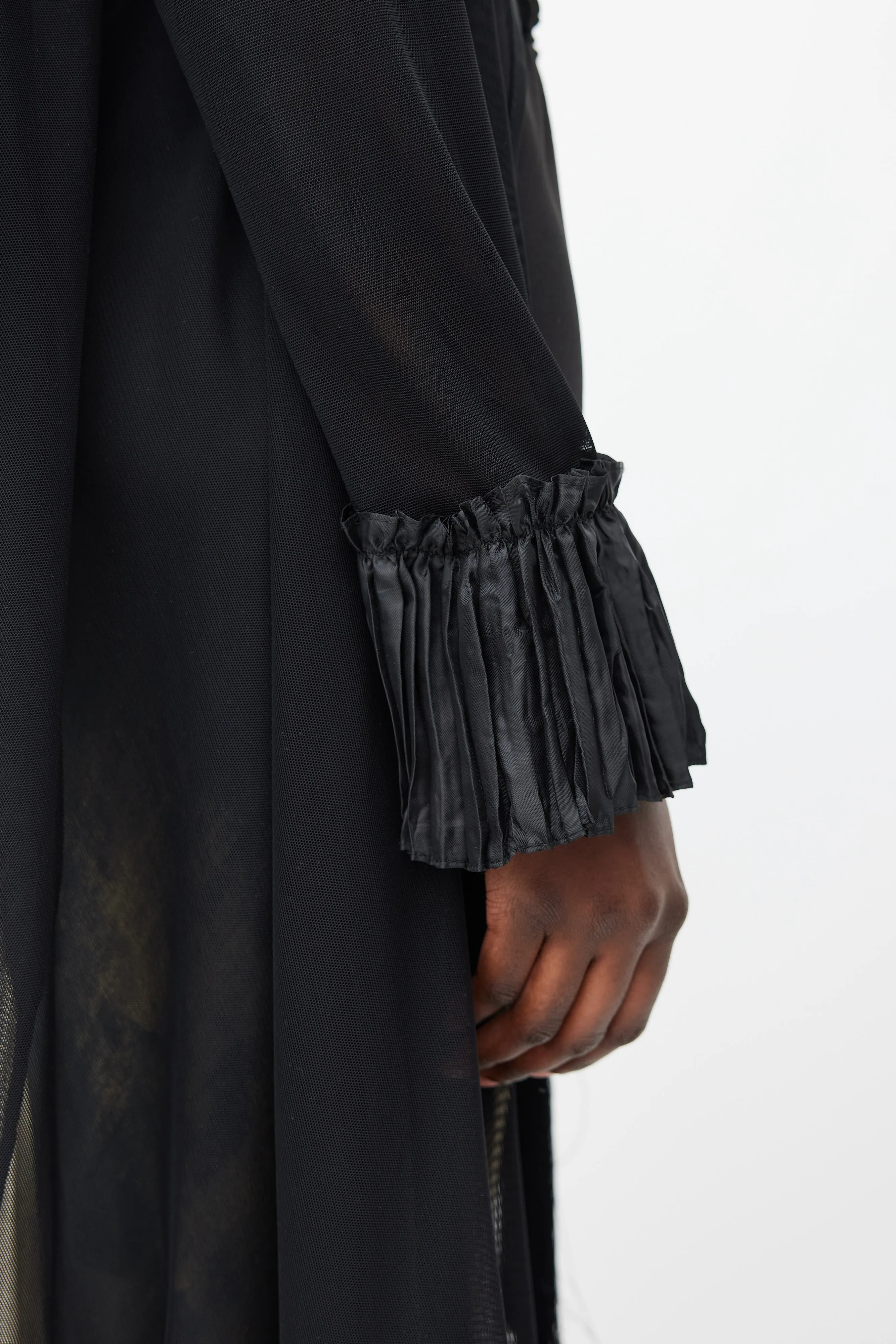 Black Sheer Mesh Pleated Long Cardigan