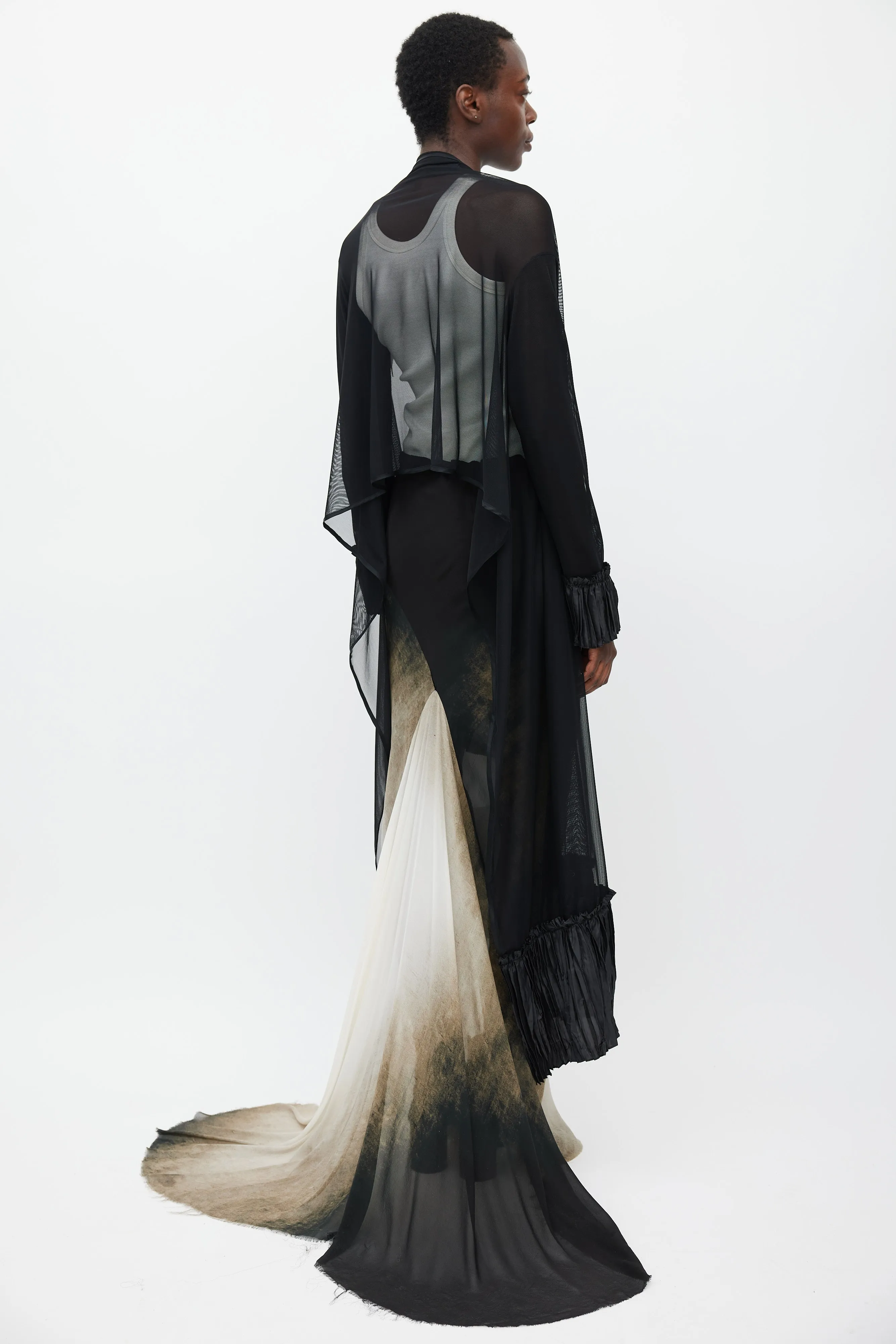 Black Sheer Mesh Pleated Long Cardigan