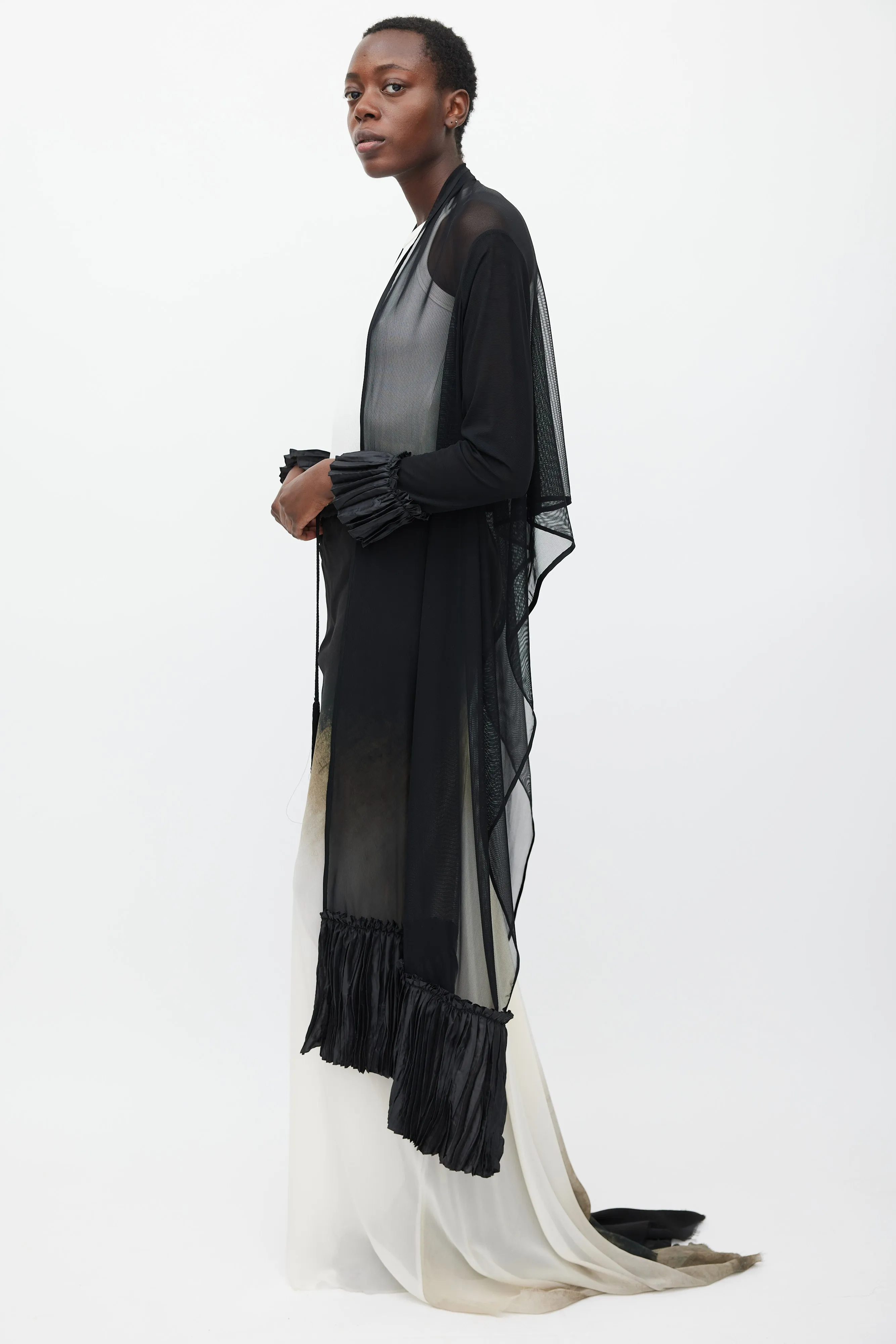 Black Sheer Mesh Pleated Long Cardigan