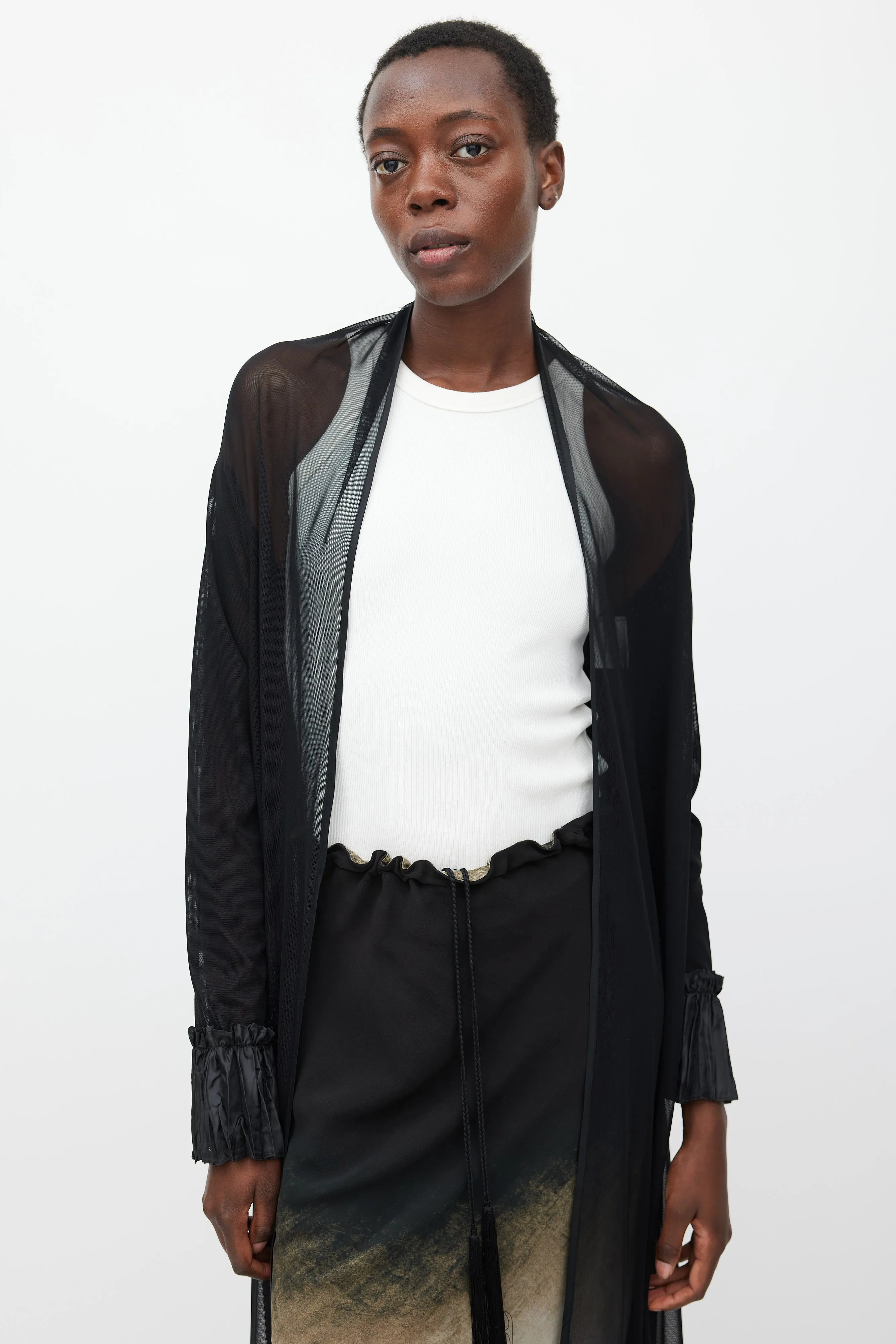 Black Sheer Mesh Pleated Long Cardigan