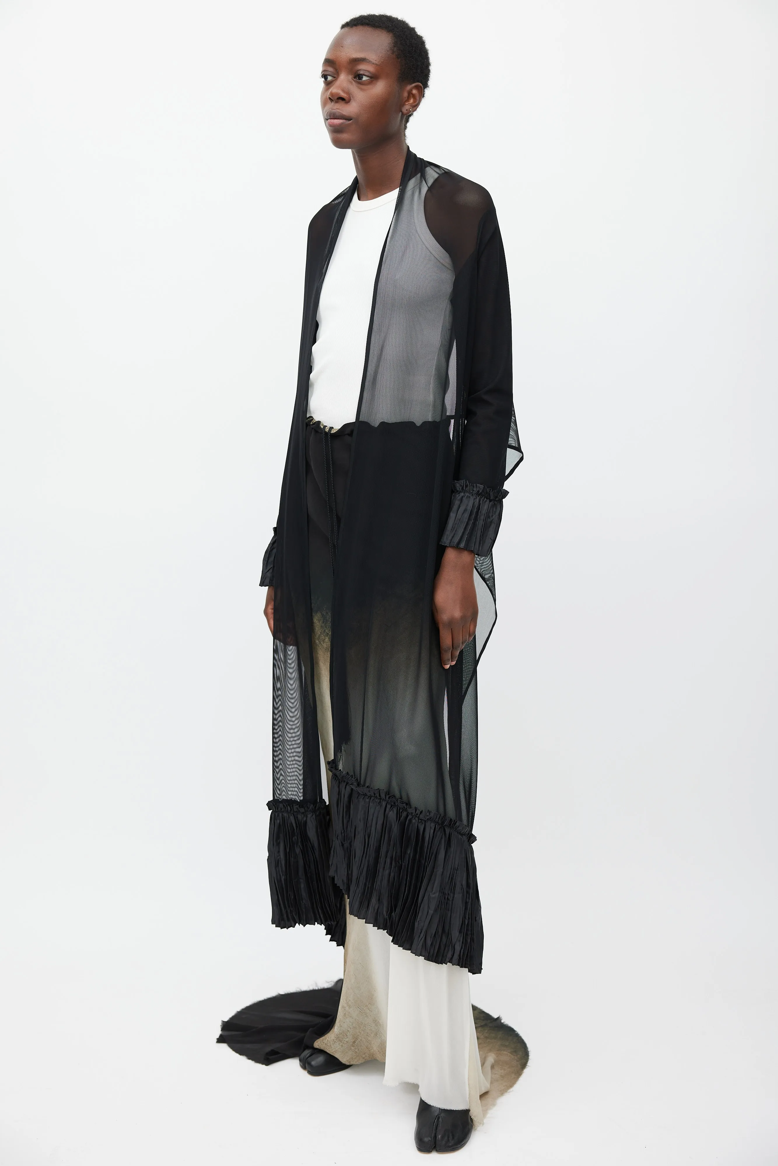 Black Sheer Mesh Pleated Long Cardigan