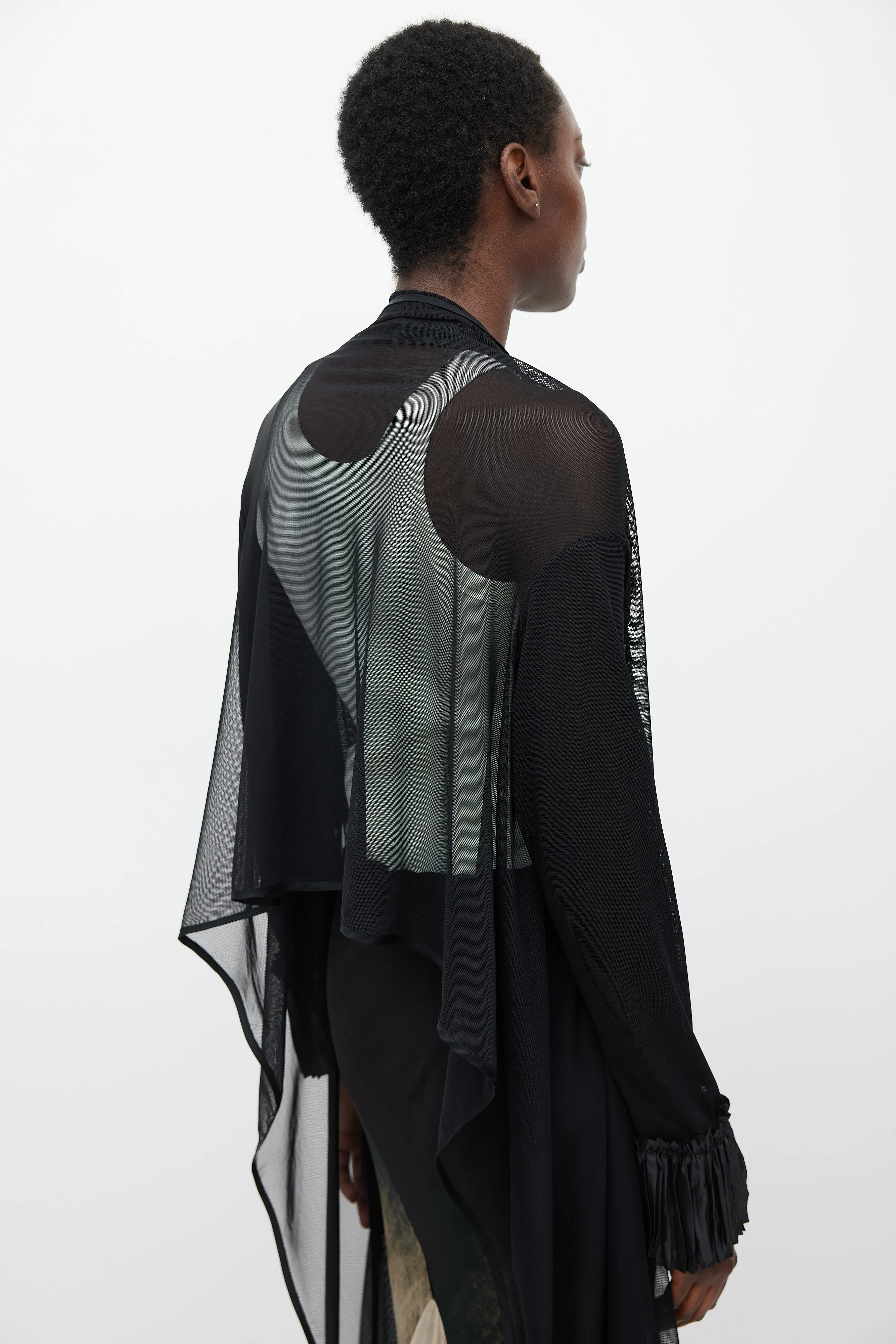 Black Sheer Mesh Pleated Long Cardigan