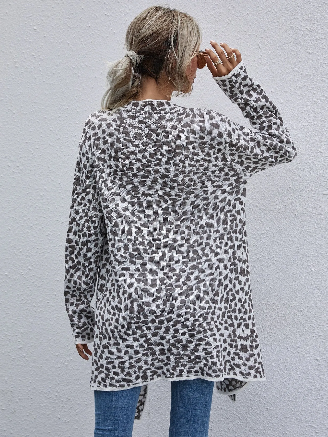 Casual All Over Print Long Sleeve Waterfall Short Women Cardigan