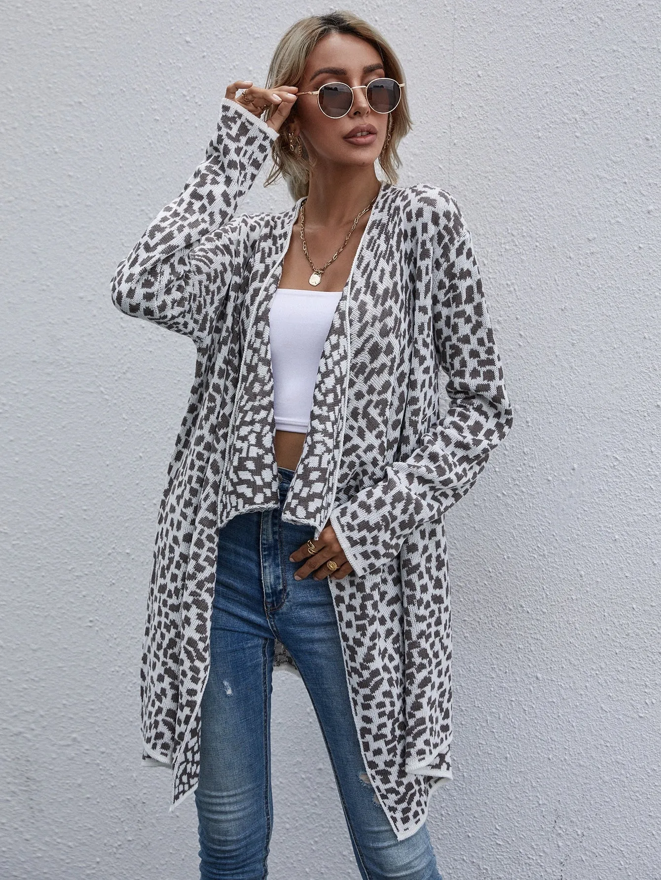 Casual All Over Print Long Sleeve Waterfall Short Women Cardigan