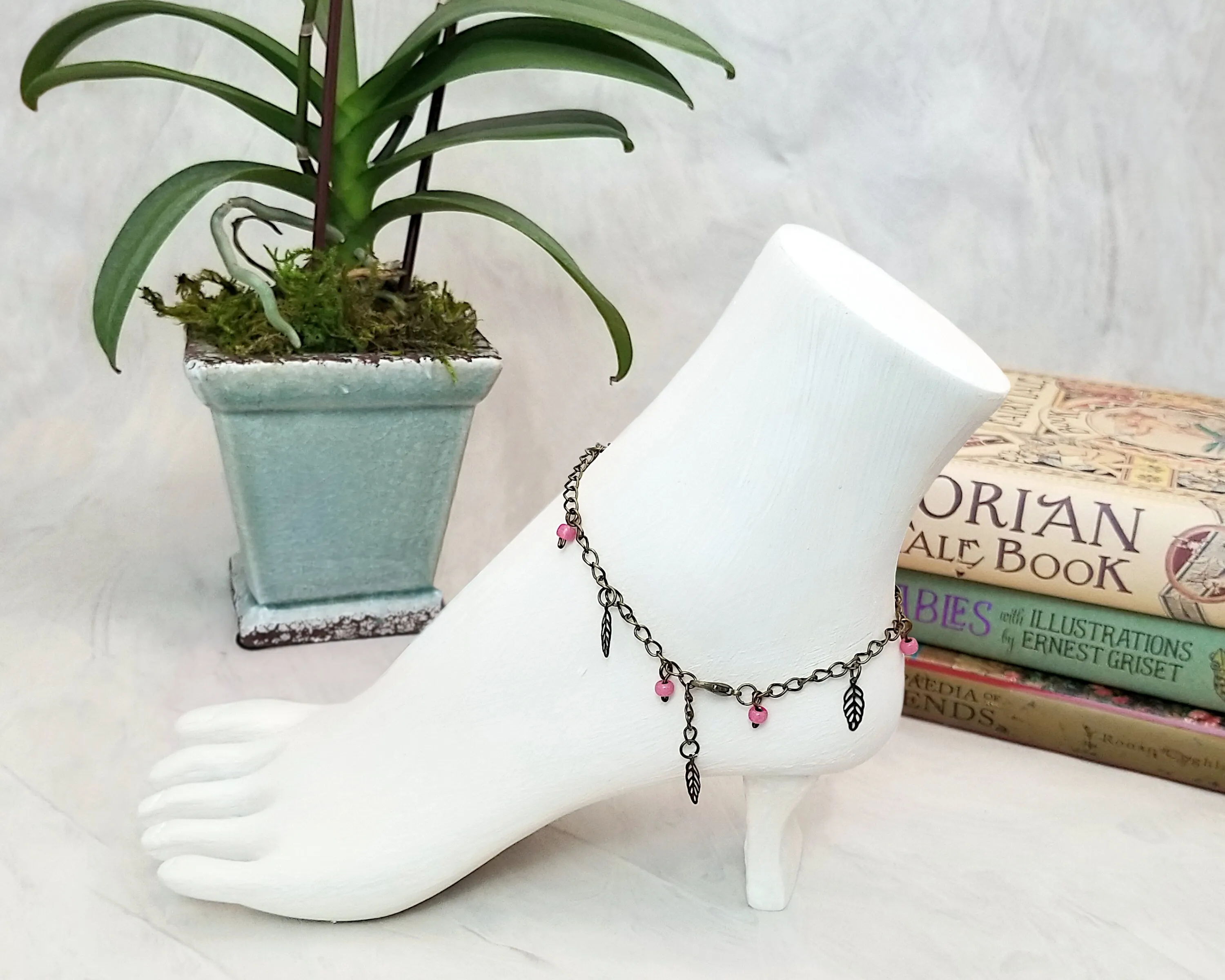Chain Anklet or Bracelet in Pink, Adjustable, Beach, Boho, Bohemian, Steampunk, Choice of Colors and Metals