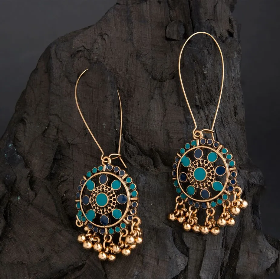 Gold Plated Long Hook Closure Hanging Floral Dual Colored Enamel Artwork With Beads Fashion Antique Earring