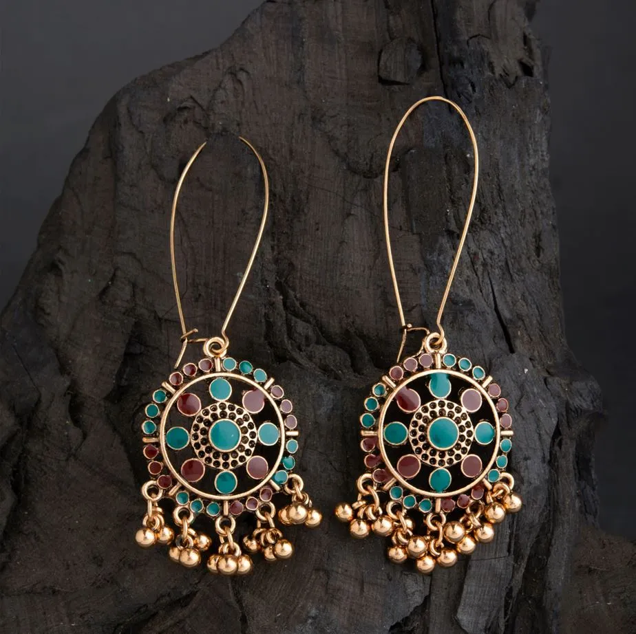 Gold Plated Long Hook Closure Hanging Floral Dual Colored Enamel Artwork With Beads Fashion Antique Earring