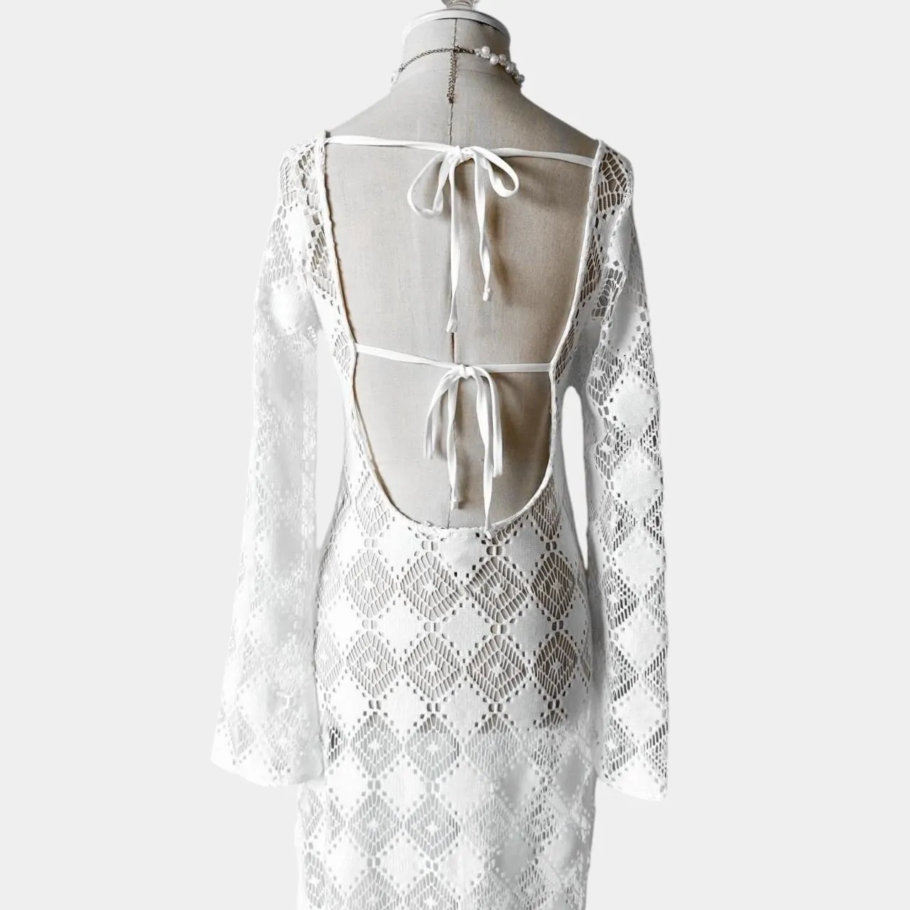 H&M White Crochet Sheer Long Sleeve Side Slit Maxi Bodycon Beach Dress Size XS/S