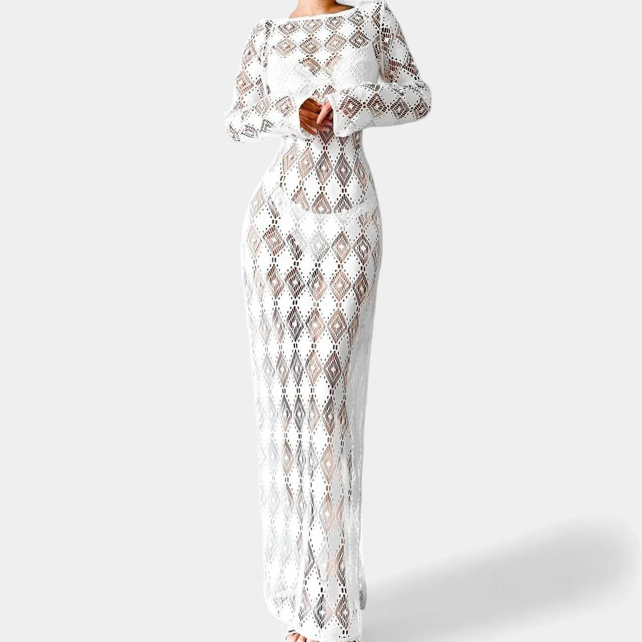 H&M White Crochet Sheer Long Sleeve Side Slit Maxi Bodycon Beach Dress Size XS/S