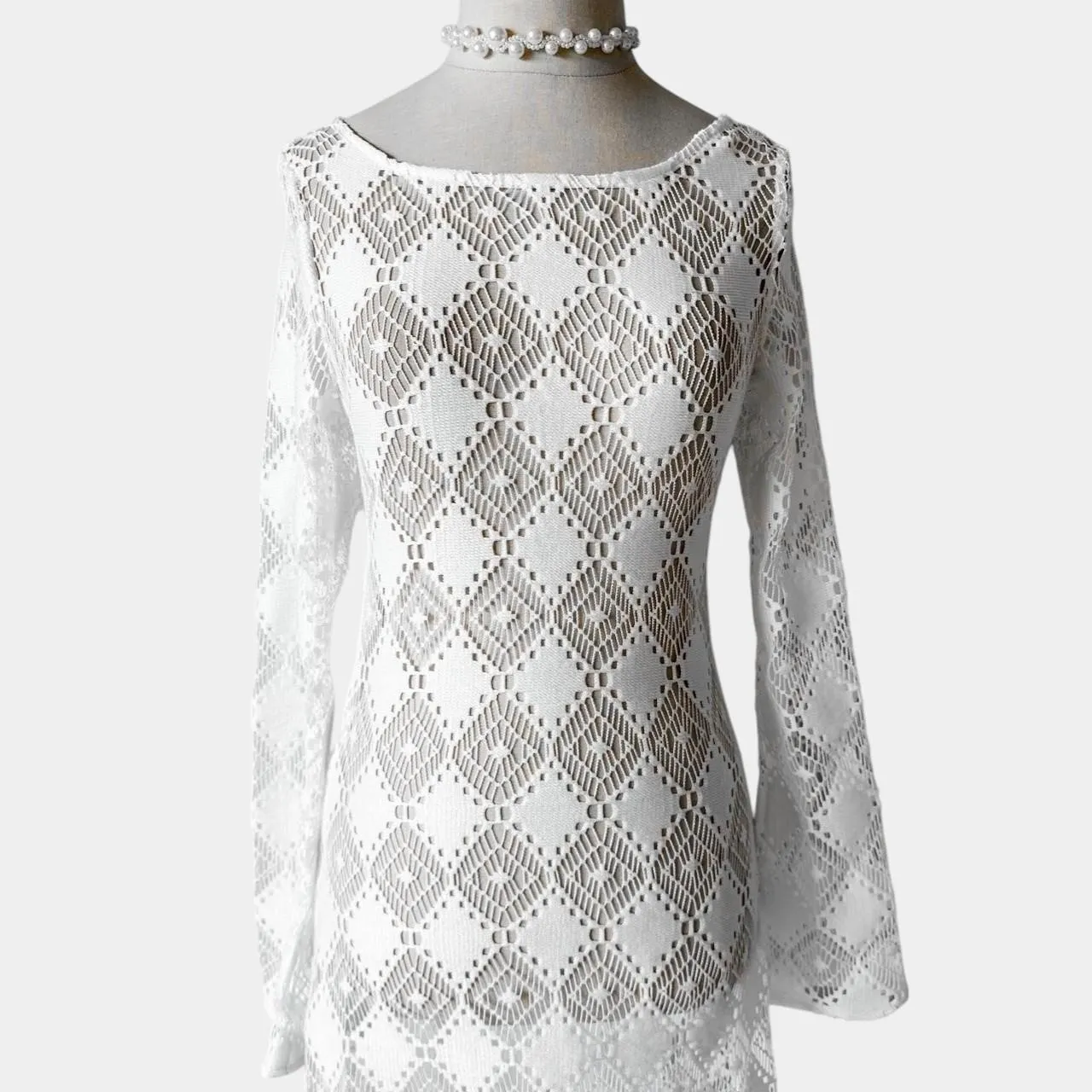 H&M White Crochet Sheer Long Sleeve Side Slit Maxi Bodycon Beach Dress Size XS/S