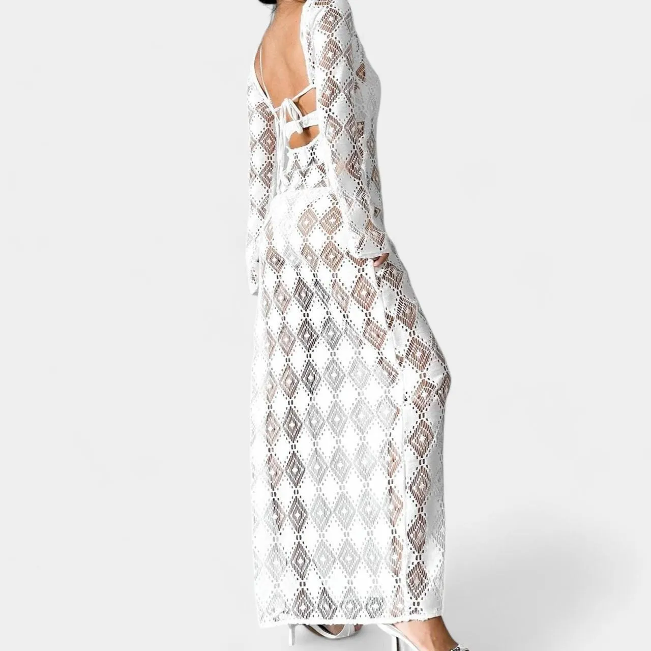 H&M White Crochet Sheer Long Sleeve Side Slit Maxi Bodycon Beach Dress Size XS/S