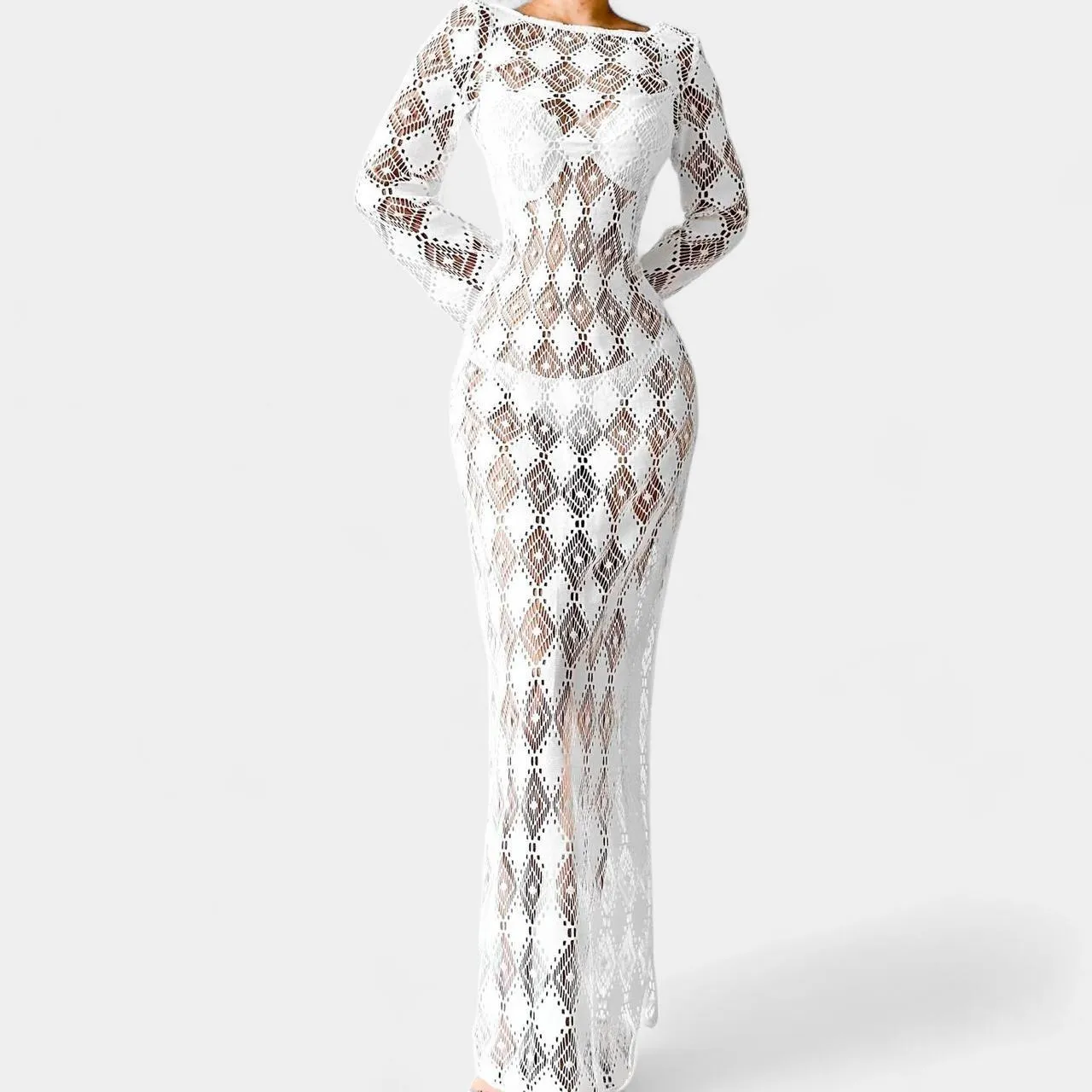 H&M White Crochet Sheer Long Sleeve Side Slit Maxi Bodycon Beach Dress Size XS/S