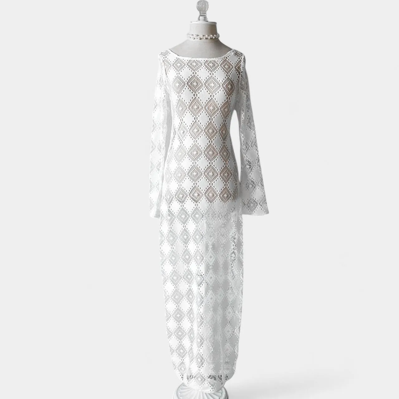 H&M White Crochet Sheer Long Sleeve Side Slit Maxi Bodycon Beach Dress Size XS/S