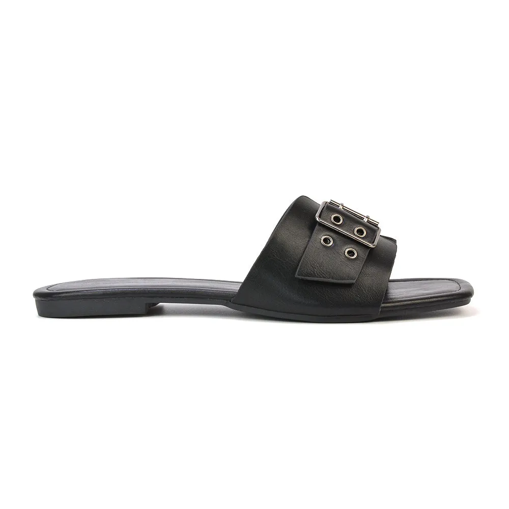 Inez Square Toe Slip On Strappy Flat Sandals With Buckle in Nude