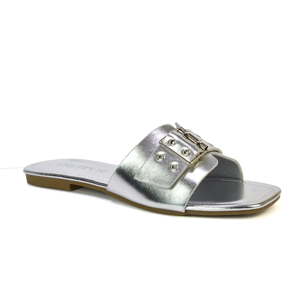 Inez Square Toe Slip On Strappy Flat Sandals With Buckle in Nude