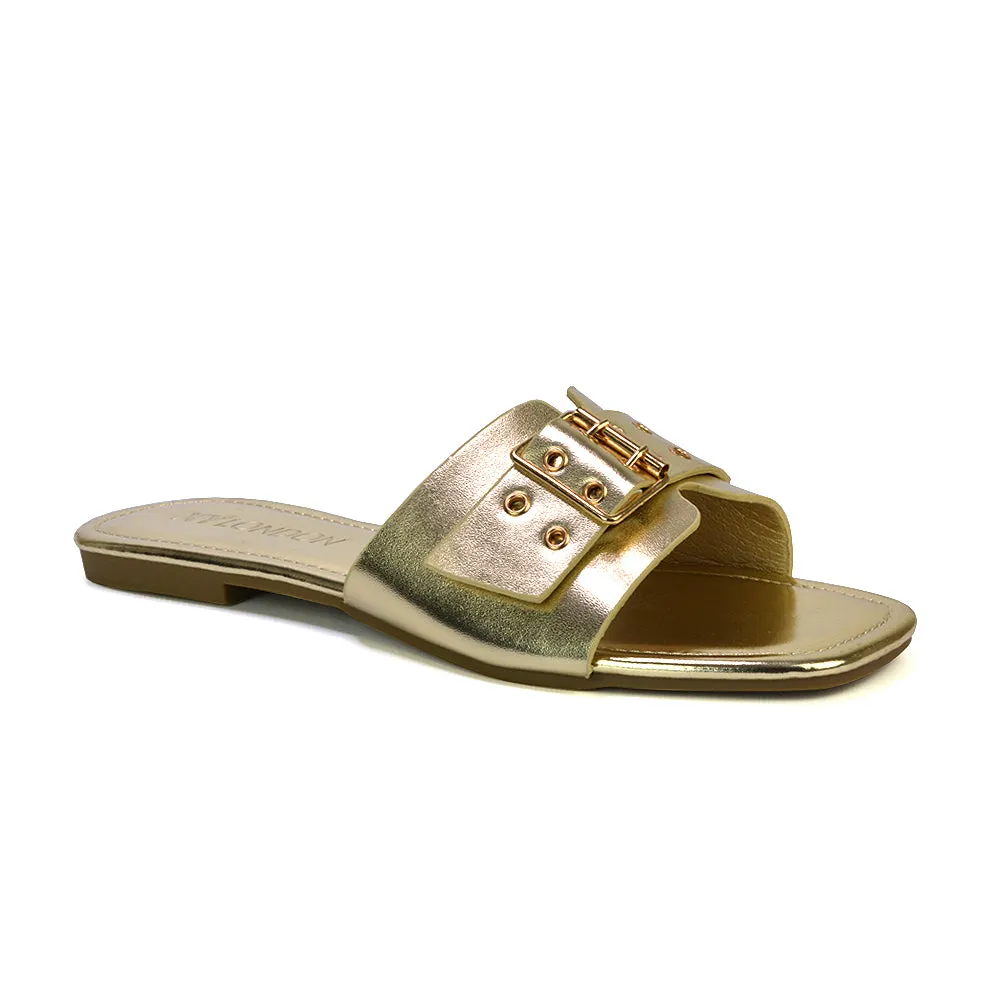 Inez Square Toe Slip On Strappy Flat Sandals With Buckle in Nude