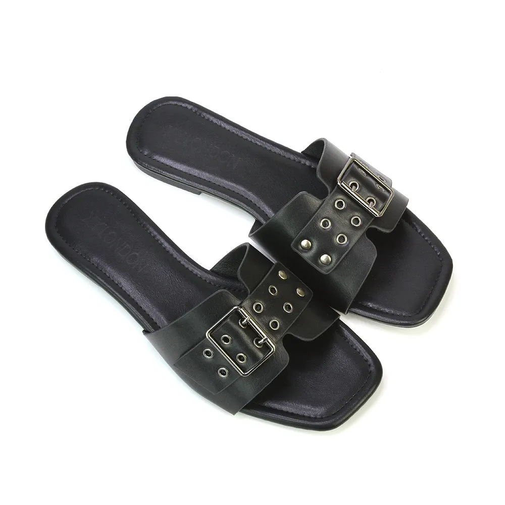 Inez Square Toe Slip On Strappy Flat Sandals With Buckle in Nude