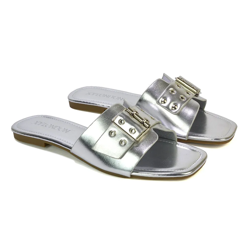 Inez Square Toe Slip On Strappy Flat Sandals With Buckle in Nude