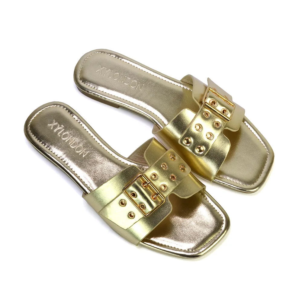 Inez Square Toe Slip On Strappy Flat Sandals With Buckle in Nude