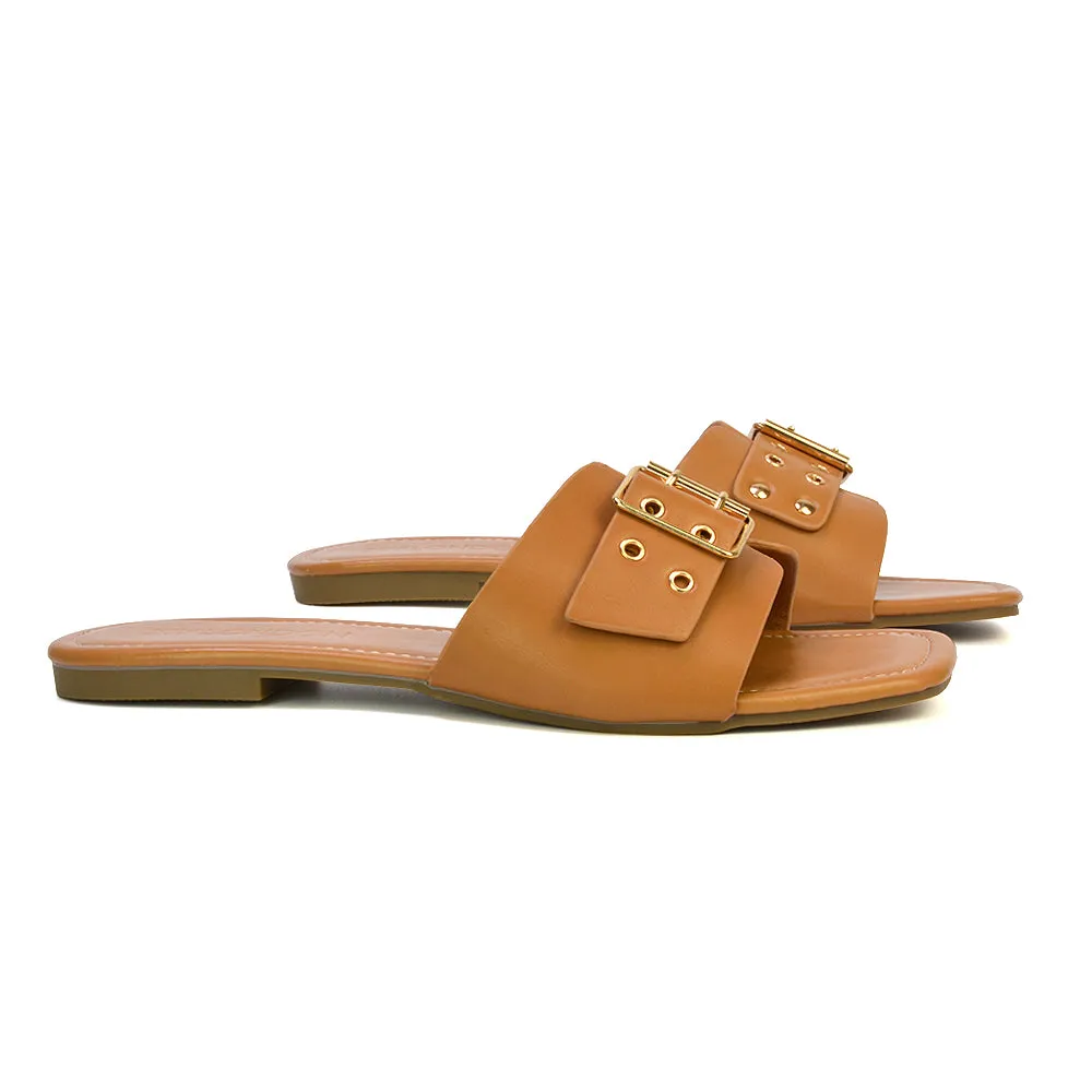 Inez Square Toe Slip On Strappy Flat Sandals With Buckle in Nude