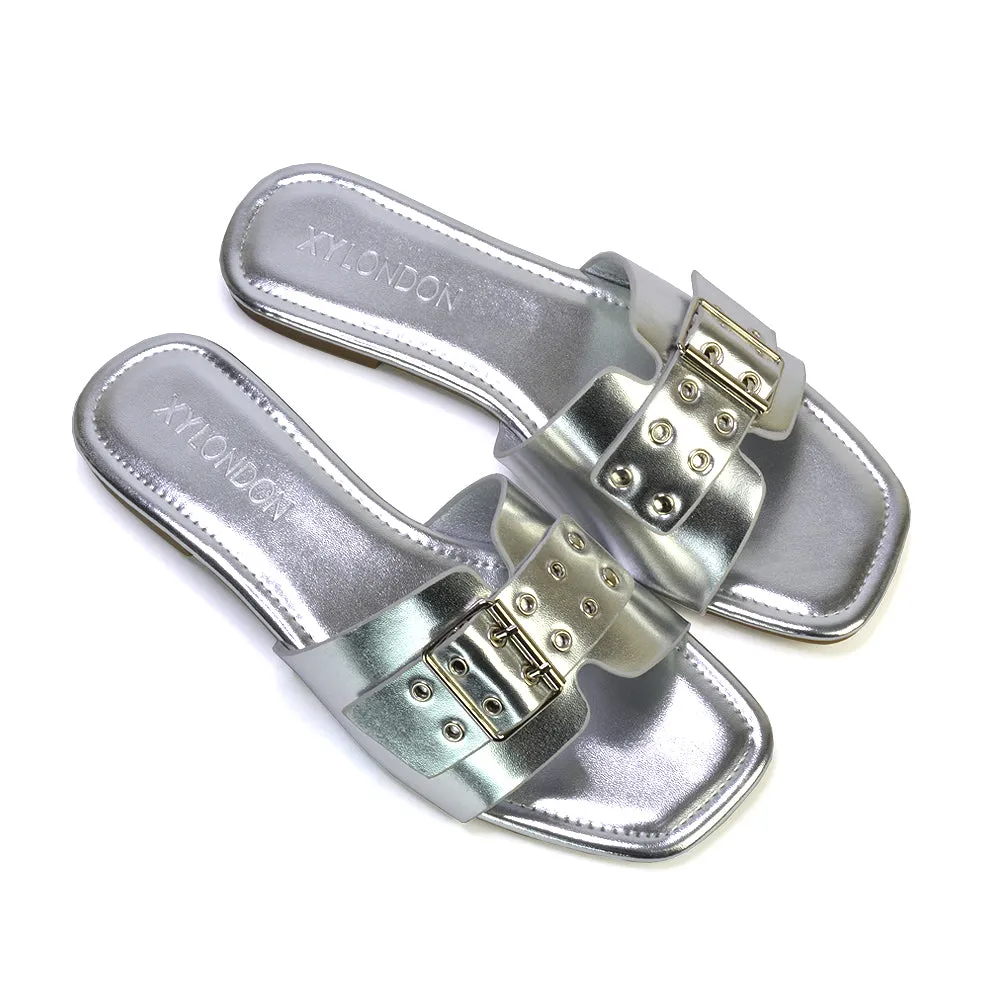 Inez Square Toe Slip On Strappy Flat Sandals With Buckle in Nude