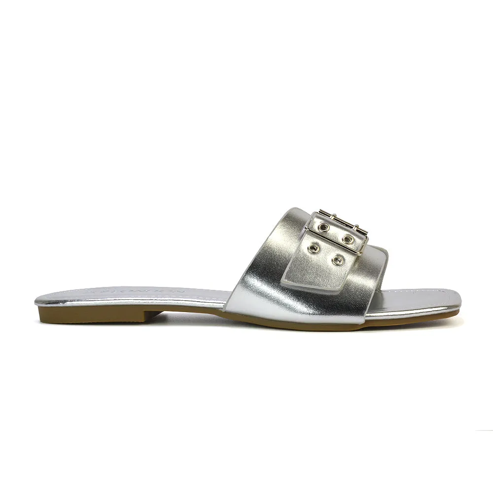 Inez Square Toe Slip On Strappy Flat Sandals With Buckle in Nude