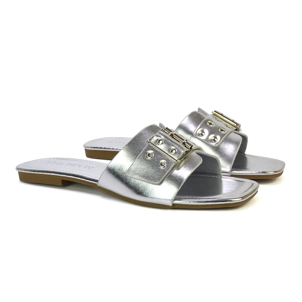 Inez Square Toe Slip On Strappy Flat Sandals With Buckle in Nude