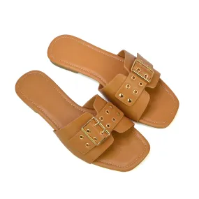 Inez Square Toe Slip On Strappy Flat Sandals With Buckle in Nude