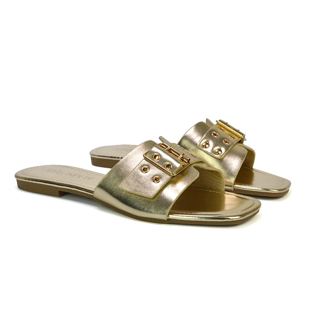 Inez Square Toe Slip On Strappy Flat Sandals With Buckle in Nude