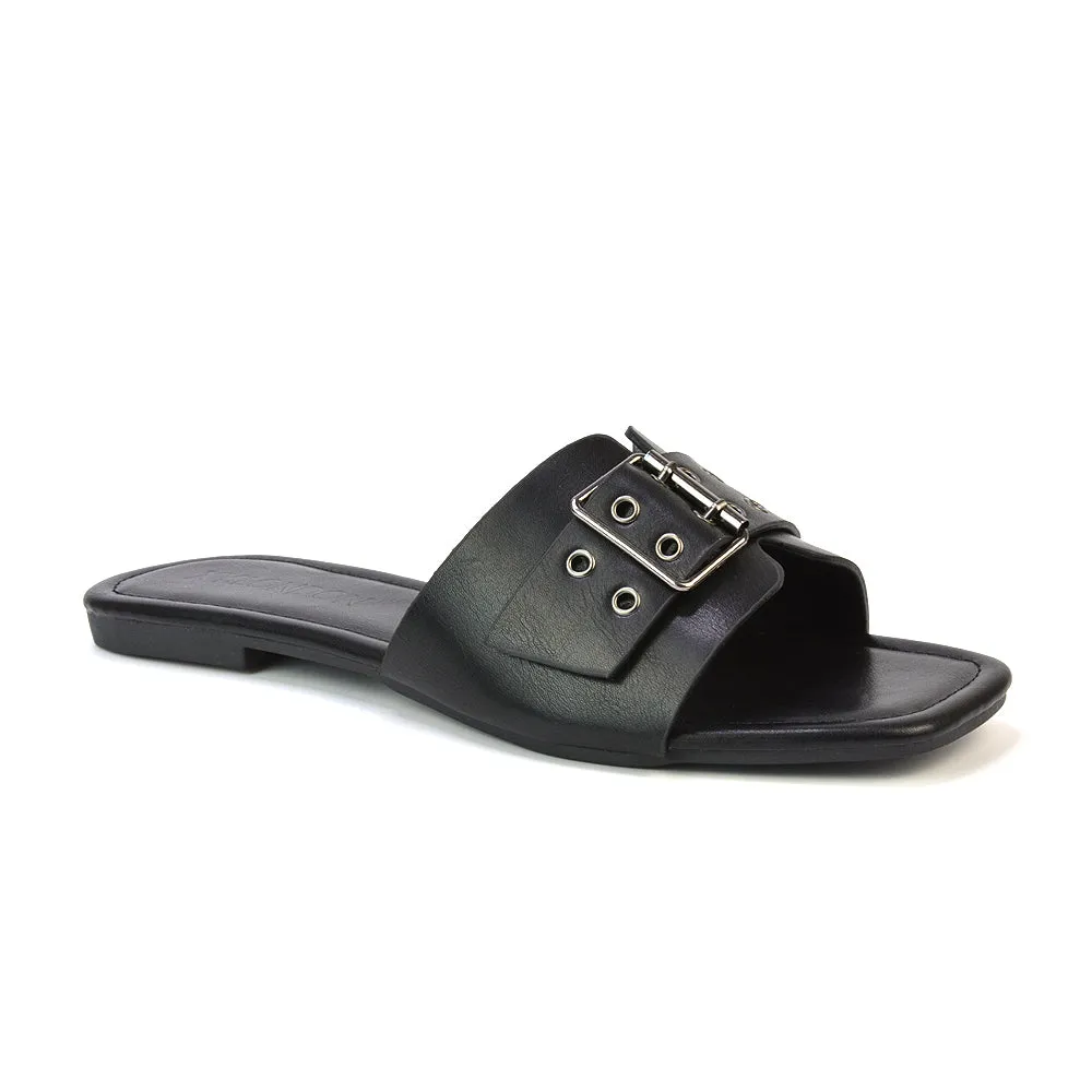 Inez Square Toe Slip On Strappy Flat Sandals With Buckle in Nude