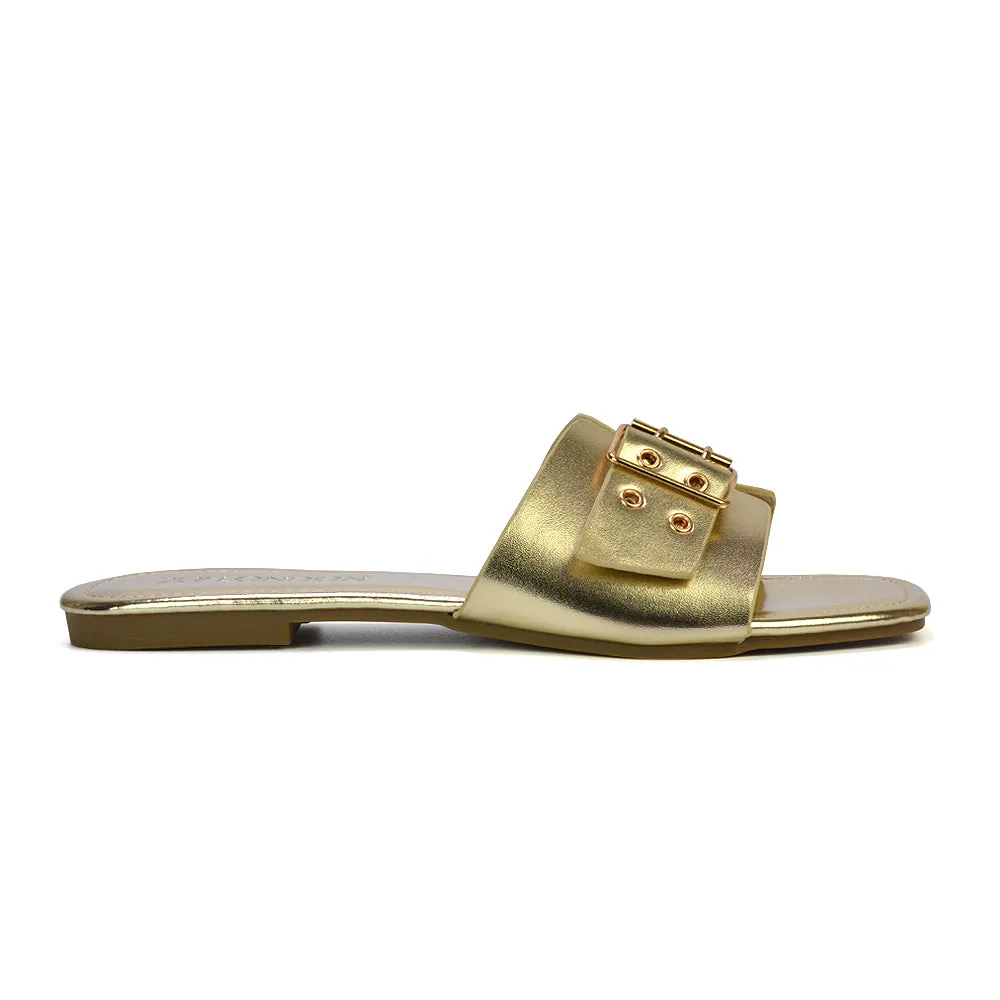 Inez Square Toe Slip On Strappy Flat Sandals With Buckle in Nude