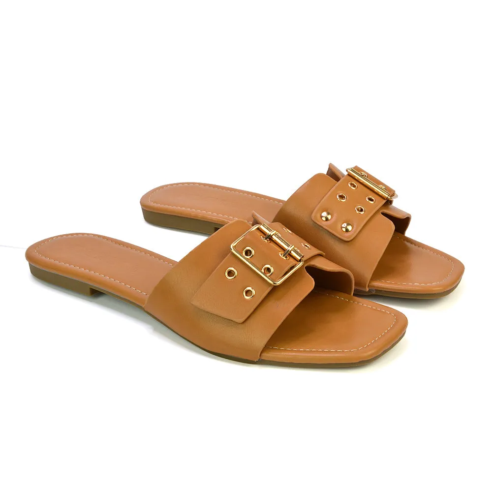 Inez Square Toe Slip On Strappy Flat Sandals With Buckle in Nude
