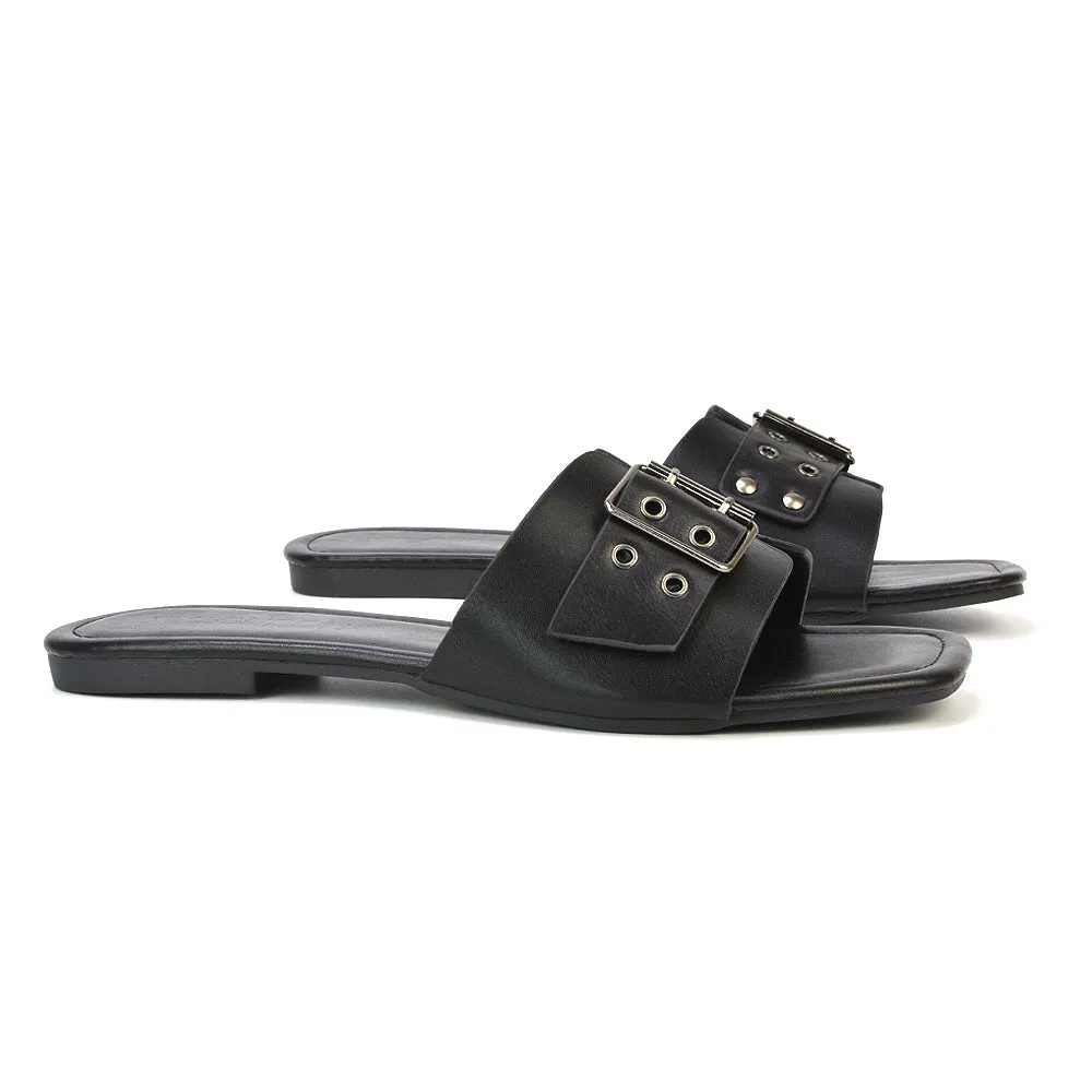 Inez Square Toe Slip On Strappy Flat Sandals With Buckle in Nude