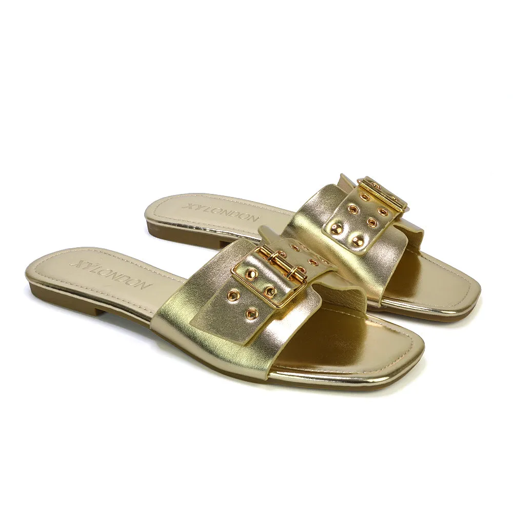 Inez Square Toe Slip On Strappy Flat Sandals With Buckle in Nude