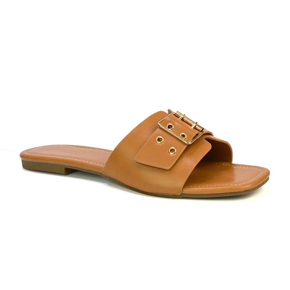 Inez Square Toe Slip On Strappy Flat Sandals With Buckle in Nude