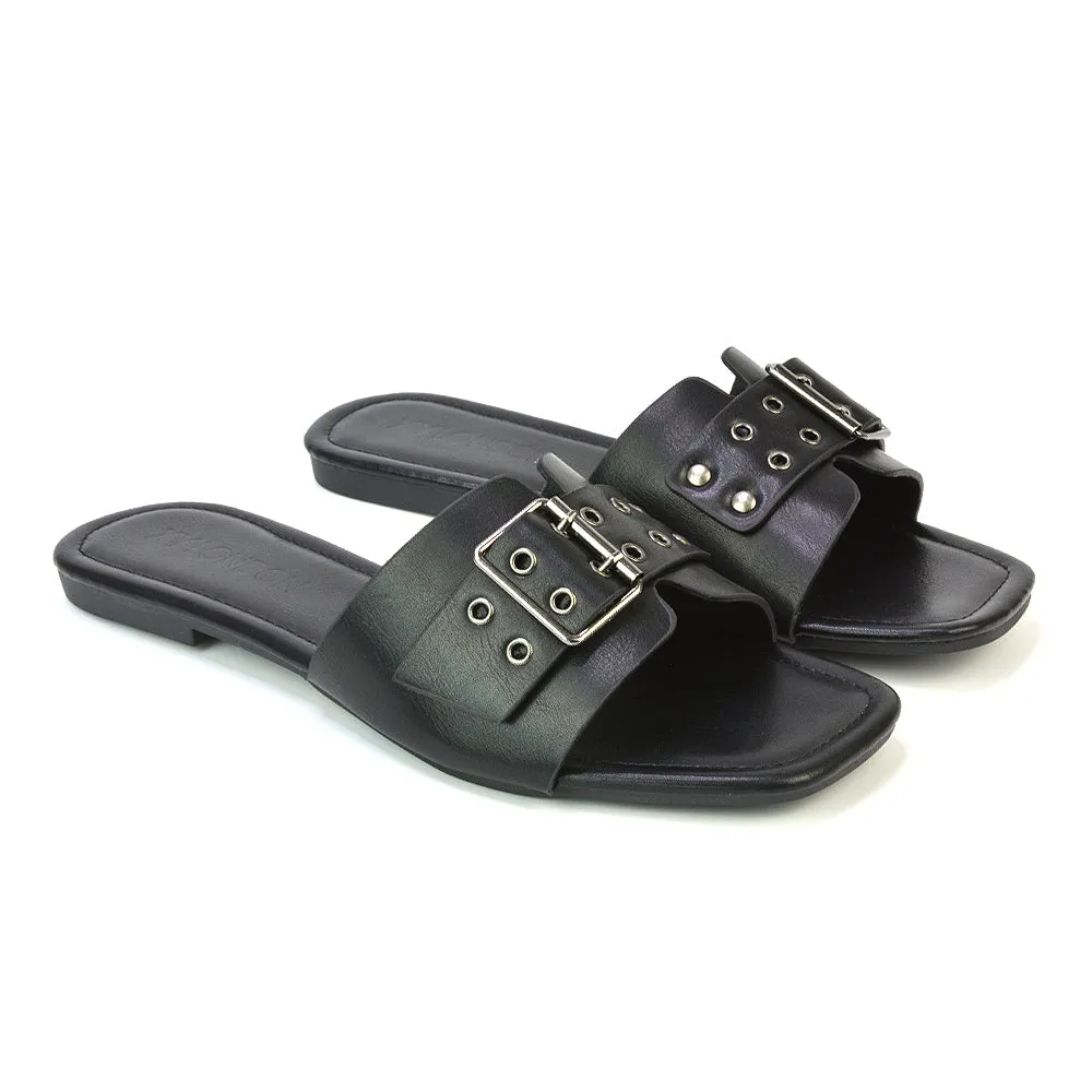 Inez Square Toe Slip On Strappy Flat Sandals With Buckle in Nude