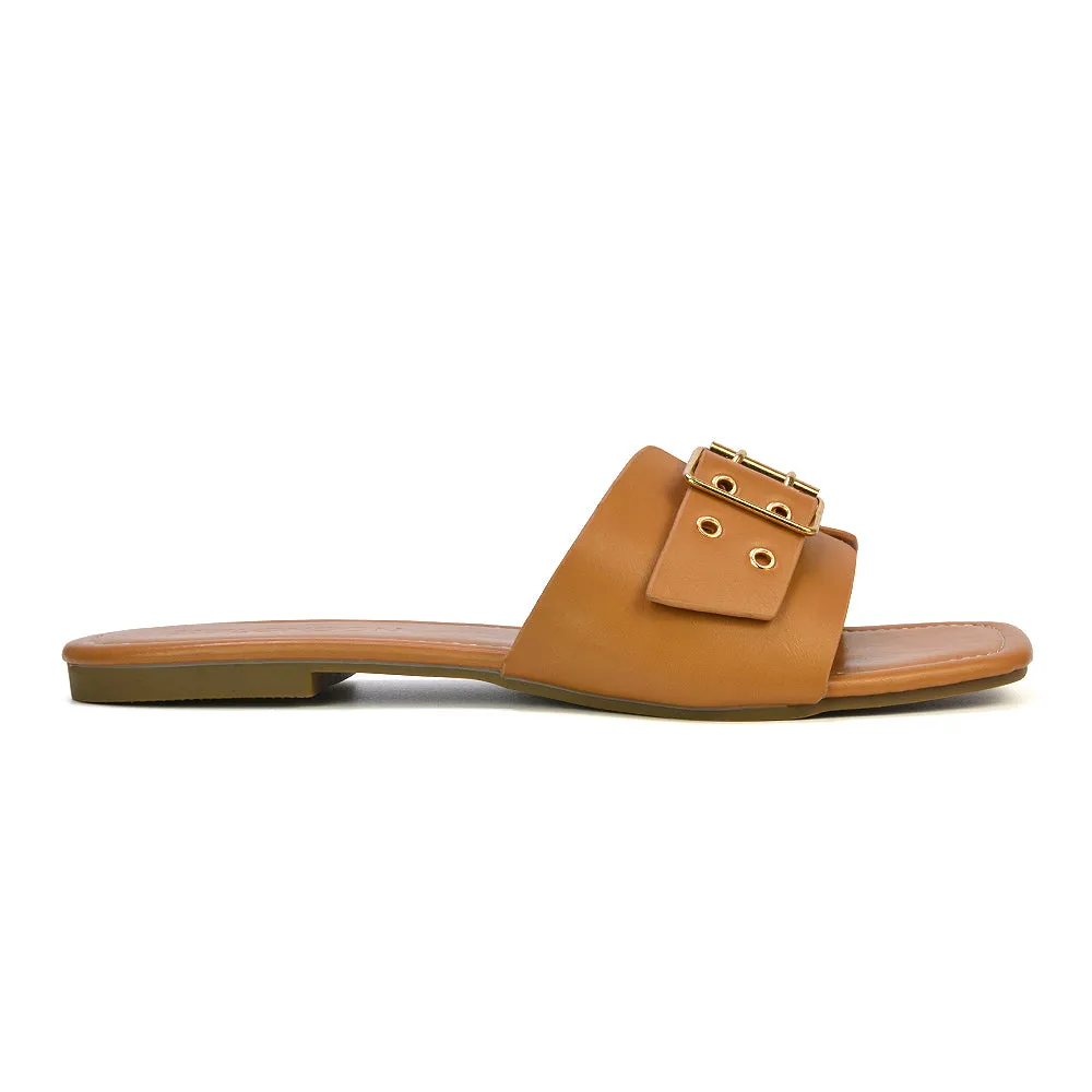 Inez Square Toe Slip On Strappy Flat Sandals With Buckle in Nude