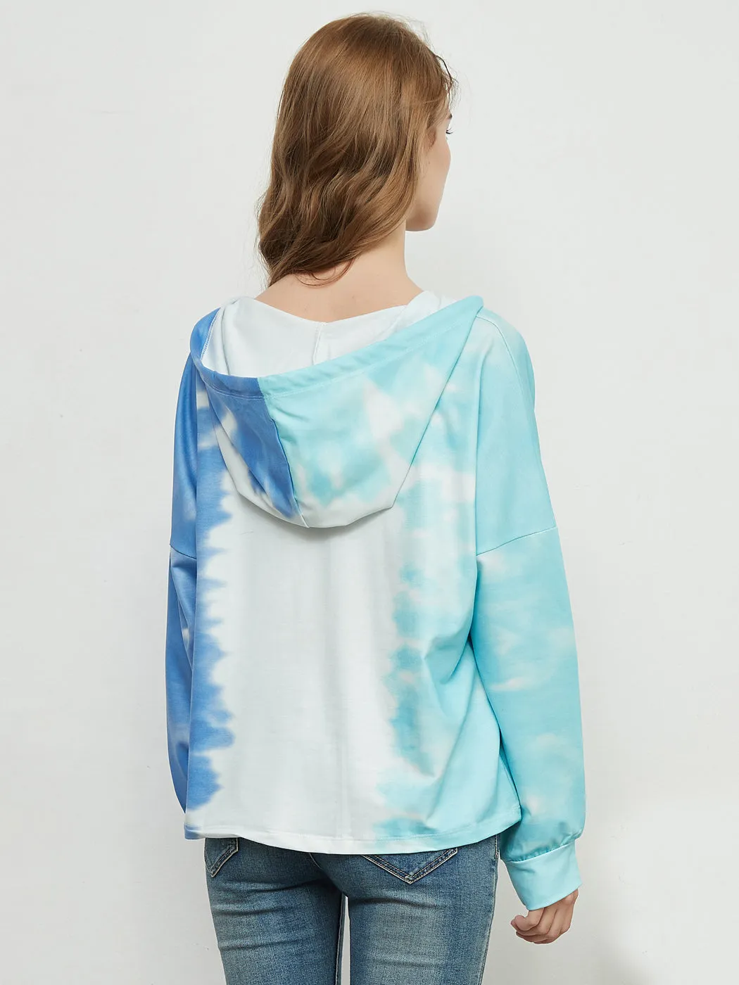 Loose Tie Dye Printed Sweatshirt V Neck Long Sleeve Pullover Hoodie Tops
