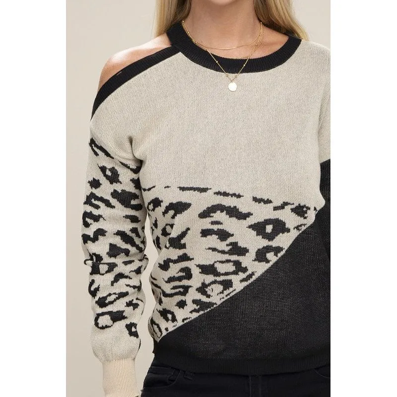 NUVI APPAREL Leopard Print Color Block Sweater