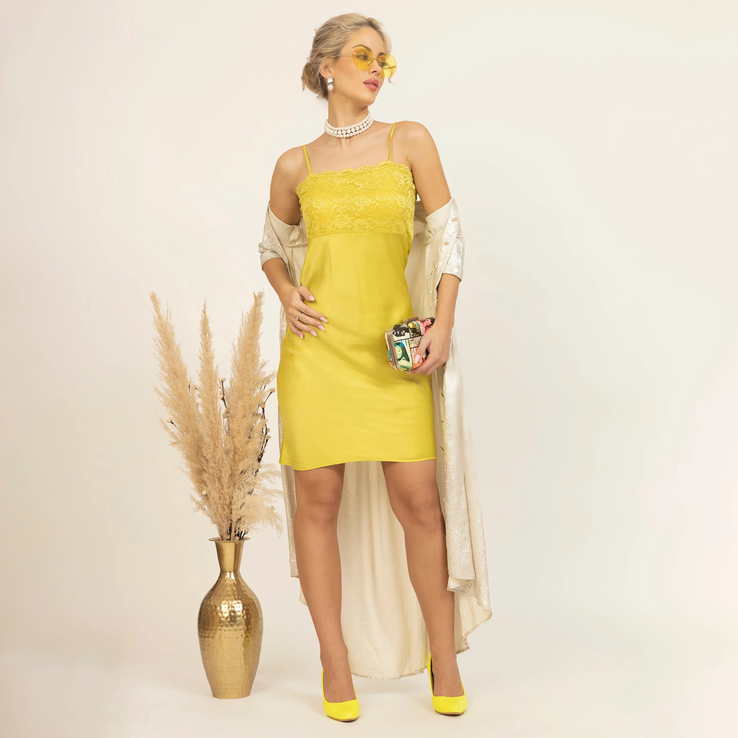 Olive Satin Spaghetti Dress With Lycra Lace