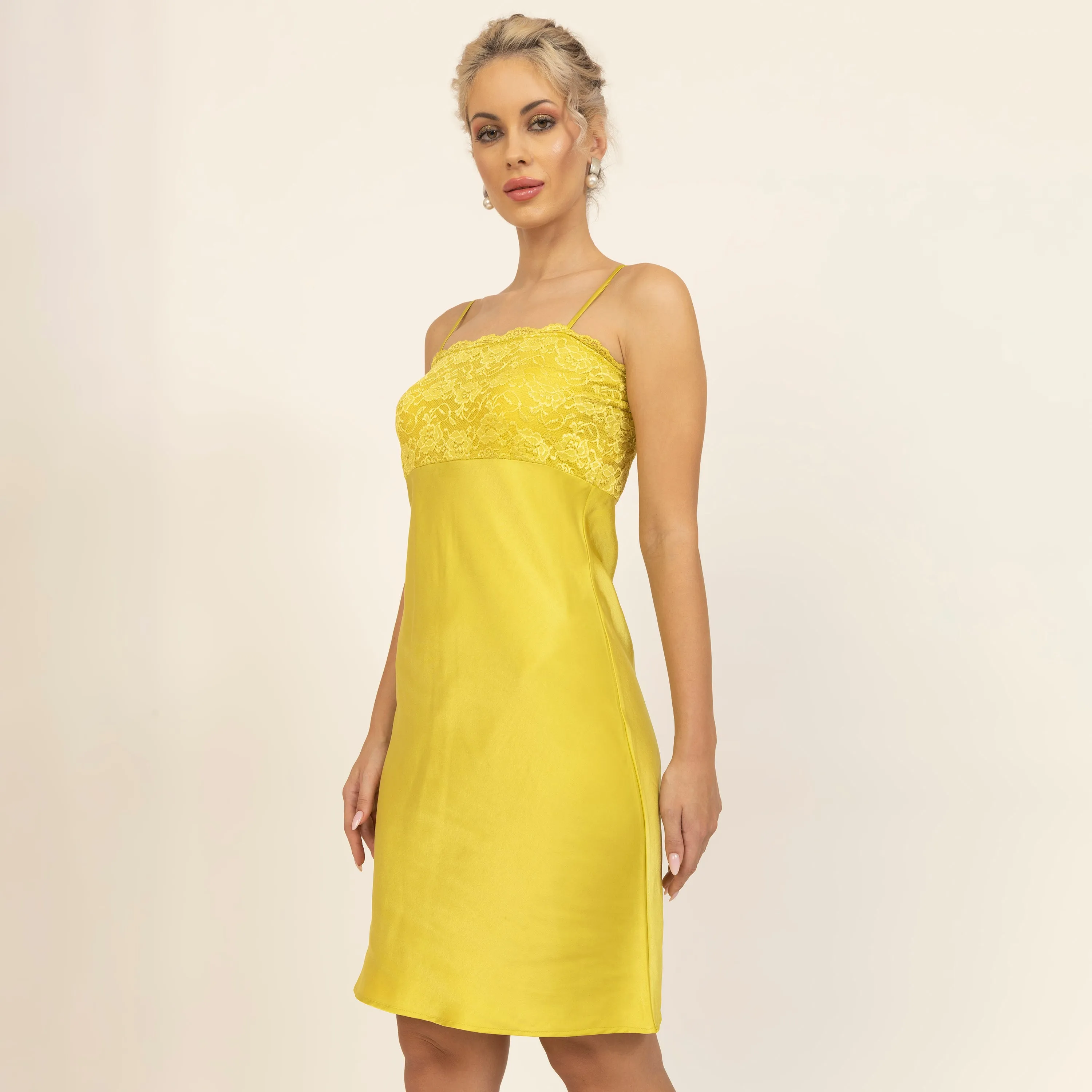 Olive Satin Spaghetti Dress With Lycra Lace