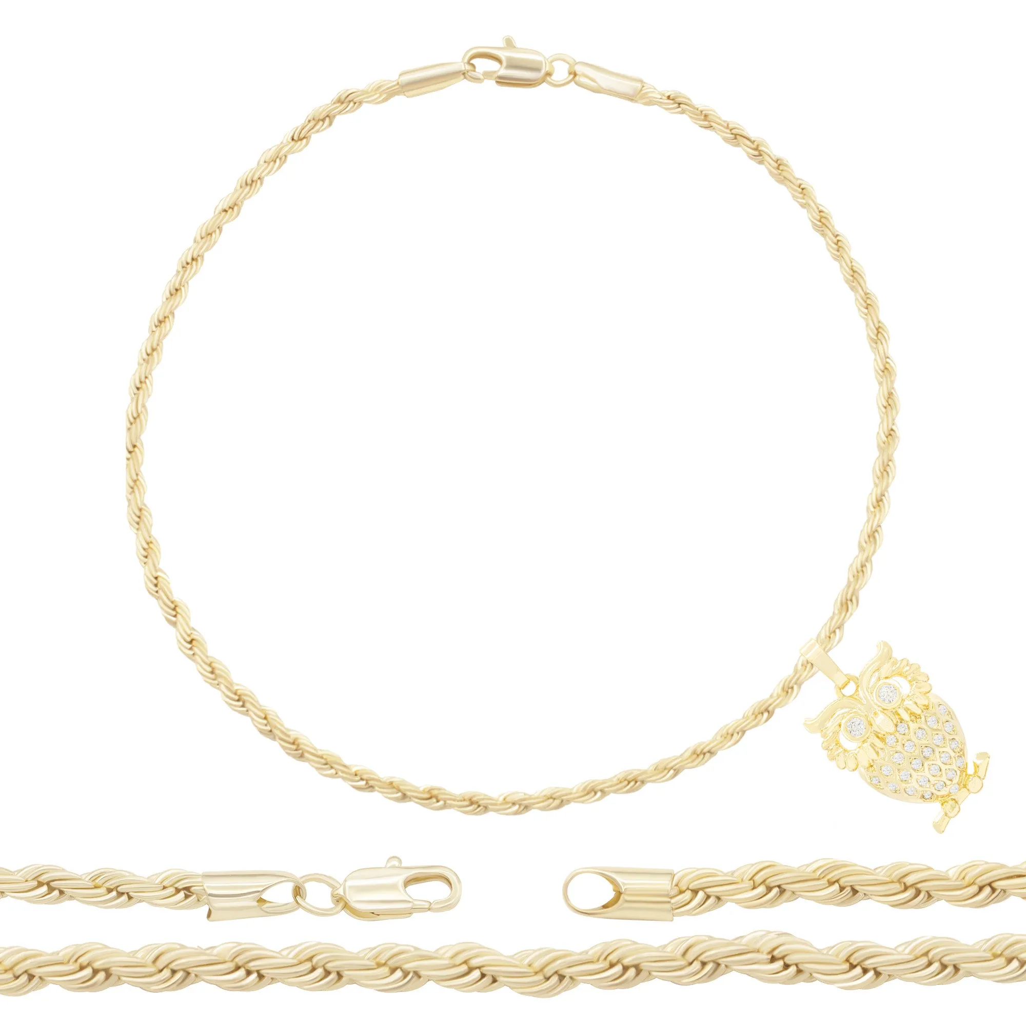Owl CZ Pendant 14K Anklet Bracelet Gold Filled Cubic Zirconia Charm Rope Foot Set 10" WomenJewelry