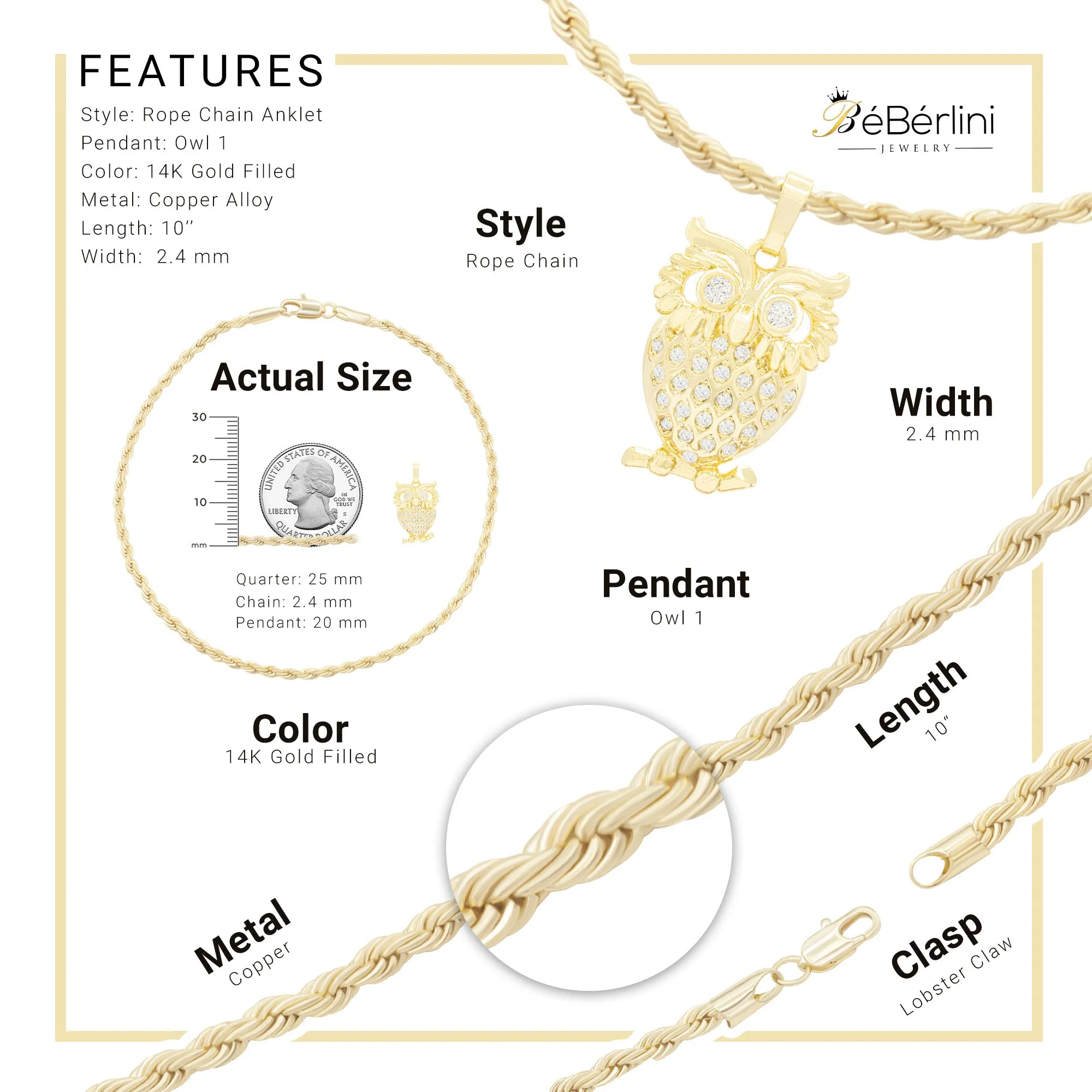 Owl CZ Pendant 14K Anklet Bracelet Gold Filled Cubic Zirconia Charm Rope Foot Set 10" WomenJewelry