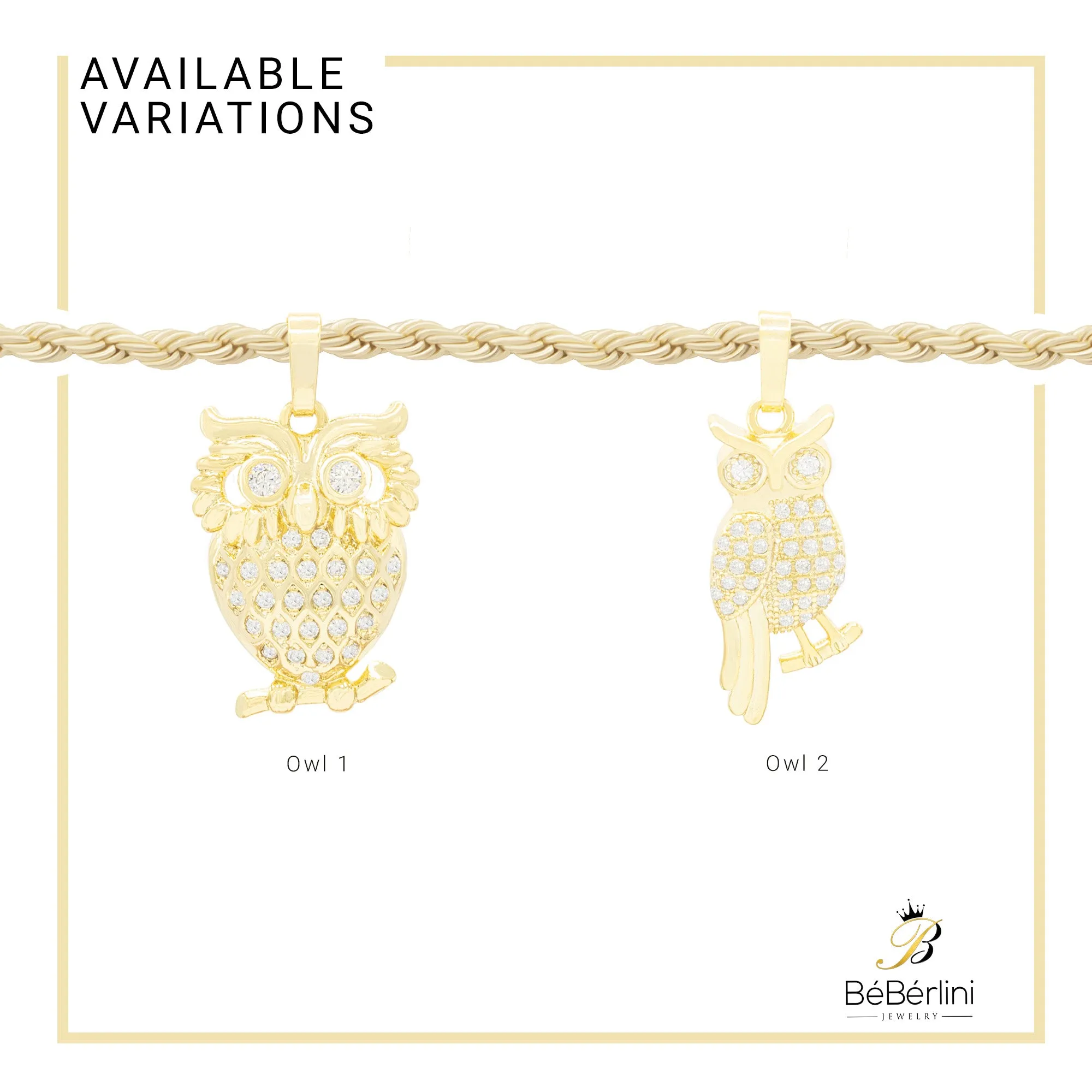 Owl CZ Pendant 14K Anklet Bracelet Gold Filled Cubic Zirconia Charm Rope Foot Set 10" WomenJewelry